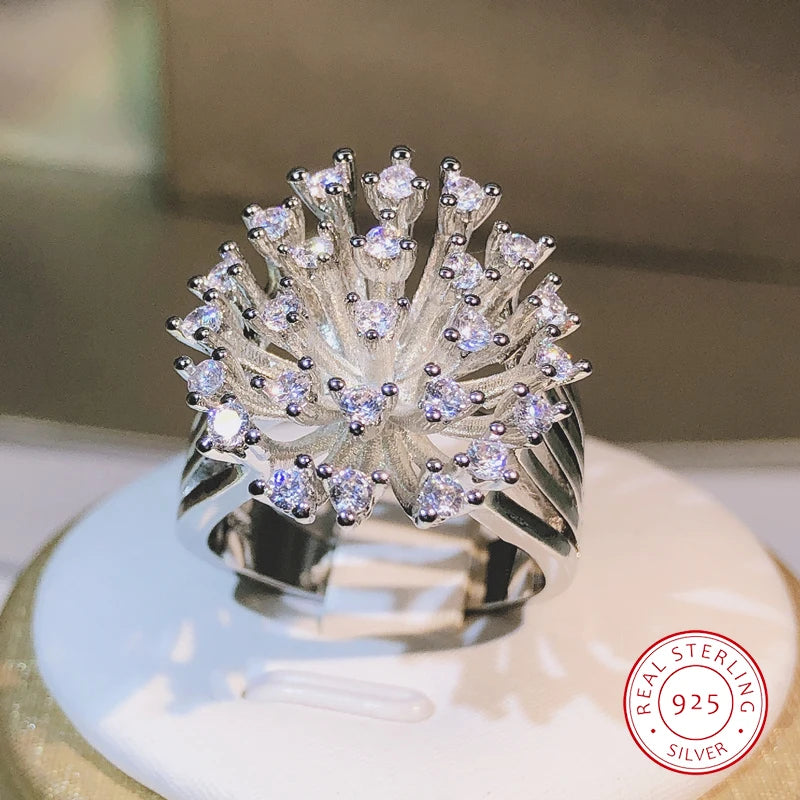 925 Sterling Silver Glittering Zircon Dandelion Ring