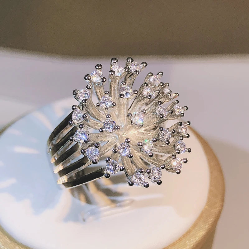 925 Sterling Silver Glittering Zircon Dandelion Ring