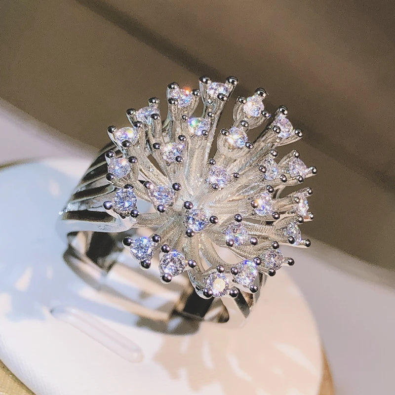 925 Sterling Silver Glittering Zircon Dandelion Ring