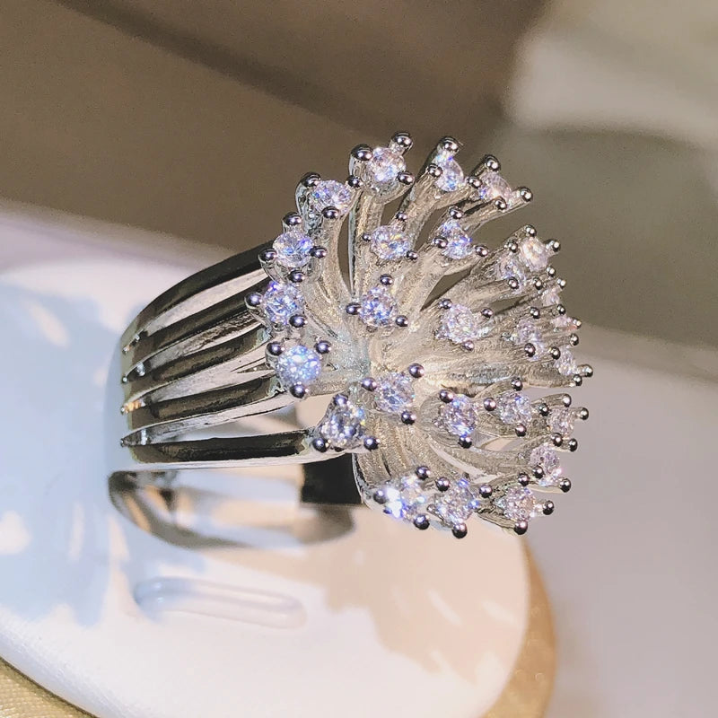 925 Sterling Silver Glittering Zircon Dandelion Ring