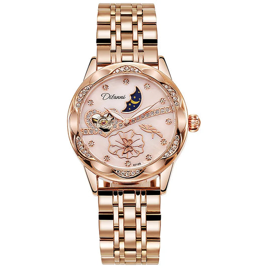 Butterfly Spinning Moon Phase Luminous Rose Gold Waterproof Watch