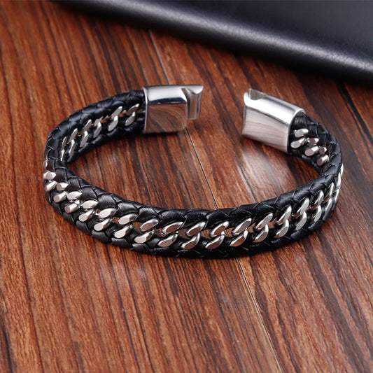 Braided Rope Woven Black Leather Bracelets Stainless Steel