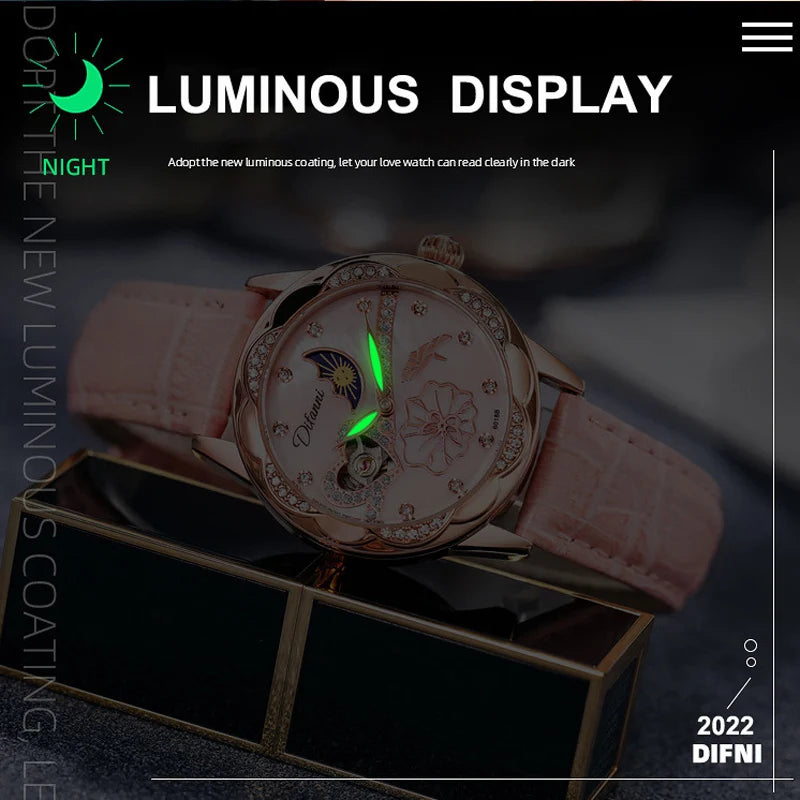 Butterfly Spinning Moon Phase Luminous Rose Gold Waterproof Watch