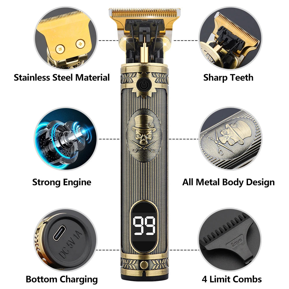 Digital Display Stainless Steel Cutter Head Professional T9 Hair Trimmer Metal Body Men's Electric Shaver