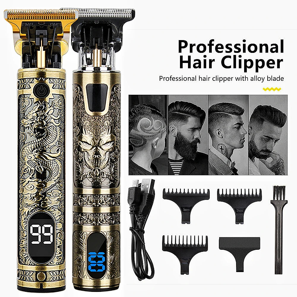 Digital Display Stainless Steel Cutter Head Professional T9 Hair Trimmer Metal Body Men's Electric Shaver