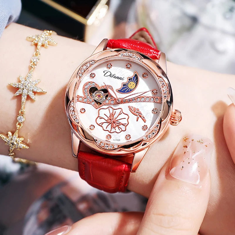 Butterfly Spinning Moon Phase Luminous Rose Gold Waterproof Watch